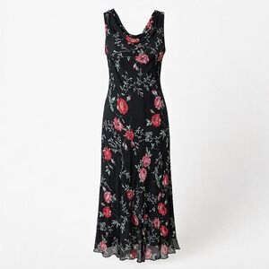 Eva Blue Womens Black Floral Beaded Drape Neck Midi Dress 12P Fairy Wimsygoth